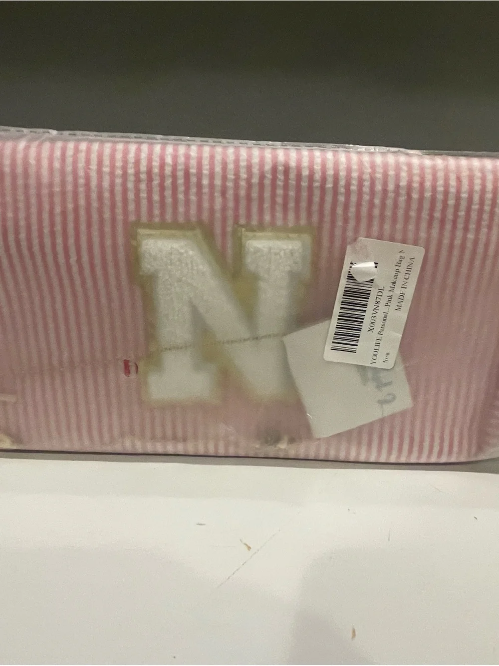 Pink and White Striped Cosmetic Pouch with 'N' Patch w/ “N” necklace included